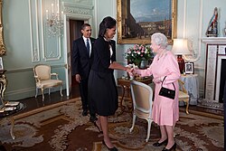 President Barack Obama and First Lady Michelle Obama are welcomed by Her Majesty Queen Elizabeth II to Buckingham Palace in London