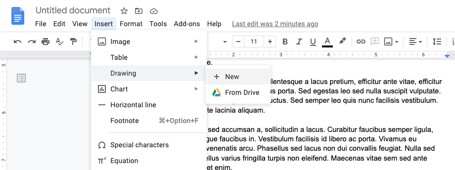 insert-drawing Click on Insert to insert a drawing into your Google Doc.
