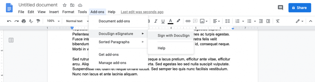 open-add-on Click on Add-ons to find your new add-on to sign your google doc.