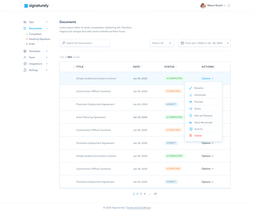 signaturely-dashboard Here you can see your uploaded Google Docs and their signing status.